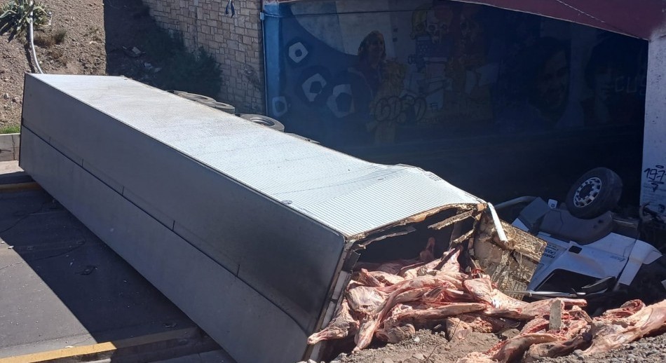 Un camión con carne volcó en Mendoza y la gente intentó llevarse las medias reces